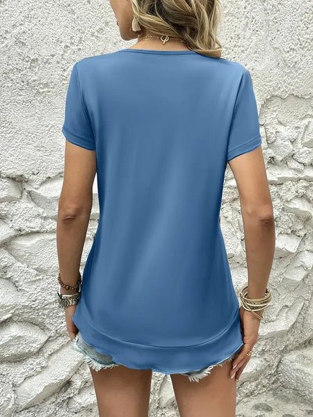 Ruffled Hem Tee with Crew Neck, Short Sleeves - Women's Casual Spring & Summer Top