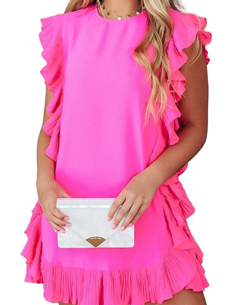 Women's Bright Pink Ruffled Keyhole Mini Dress