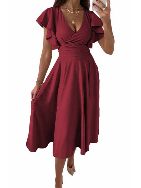 Fashion Slim Pleated Sexy And Elegant Pure Color Maxi Dress