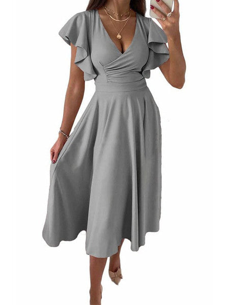 Ruffled V-Neck Lace Dress With High Waist And Elegant Pleats