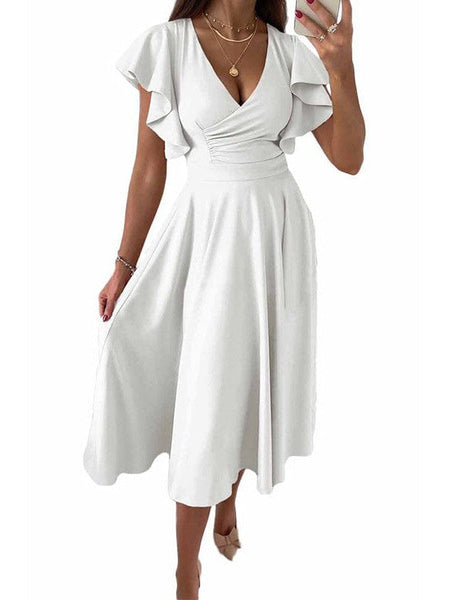 Pure Color Pleated A-Line Midi Dress