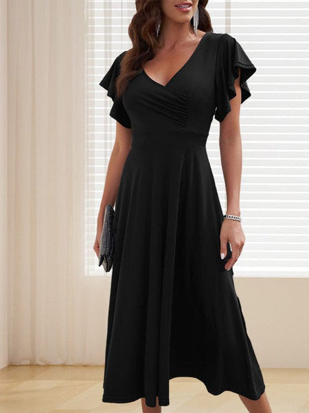 Women's V-Neck Solid Irregular Long Sleeve Dress