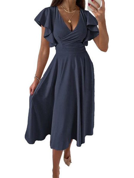 Fashion Slim Pleated Sexy And Elegant Pure Color Maxi Dress