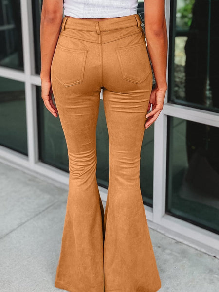 Rust Exposed Stitch Flare Suede Trousers with Pockets