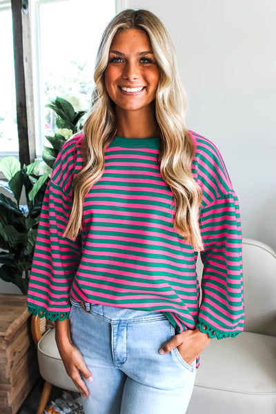 Sachet Pink & Kelly Green Striped Cotton Blouse