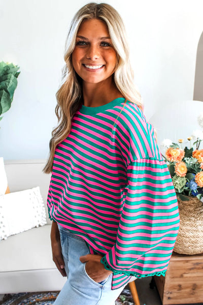 Sachet Pink & Kelly Green Striped Cotton Blouse