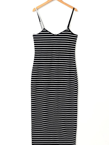 Sassy Black Stripe Shoulder Tee and Pencil Dress Ensemble