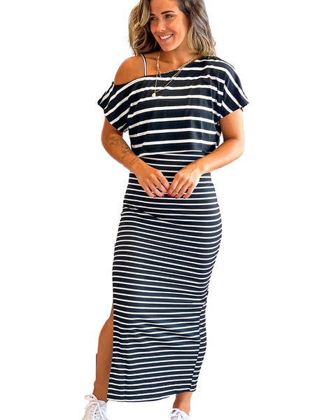 Sassy Black Stripe Shoulder Tee and Pencil Dress Ensemble