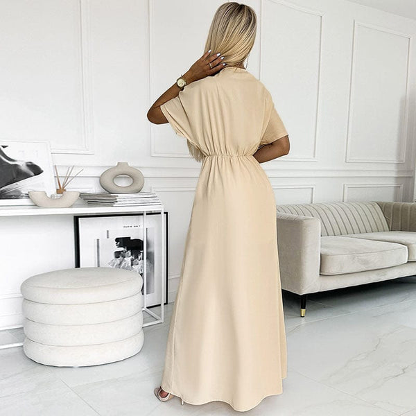 Solid Color V-Neck Lantern Midi Dress