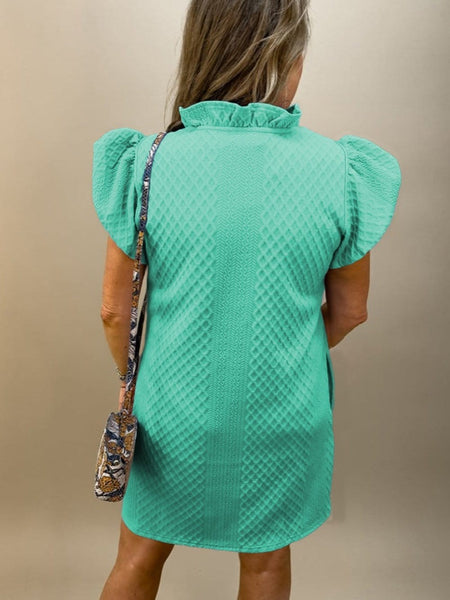 Women's Seafoam Green Ruffle V-Neck Puff Sleeve Textured Shift Mini Dress
