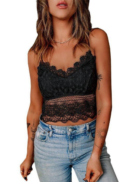 Seductive Lace Camisole Women'S Open-Back Hollow Solid Color Easy Slip-On