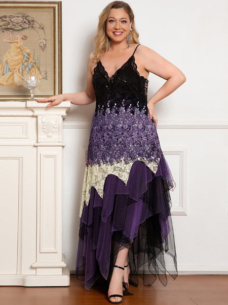Women's Embroidered Lace Asymmetric Layered Evening Gown
