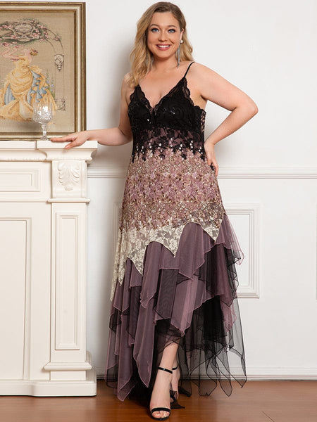 Women's Embroidered Lace Asymmetric Layered Evening Gown