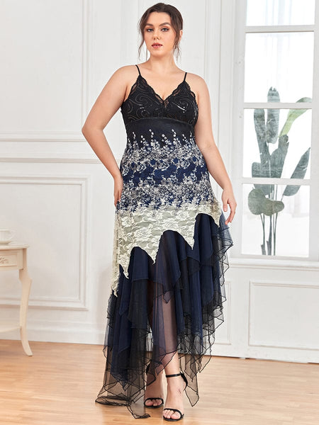 Women's Embroidered Lace Asymmetric Layered Evening Gown