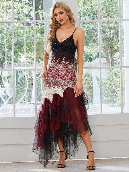 Women's Embroidered Lace Asymmetric Layered Evening Gown