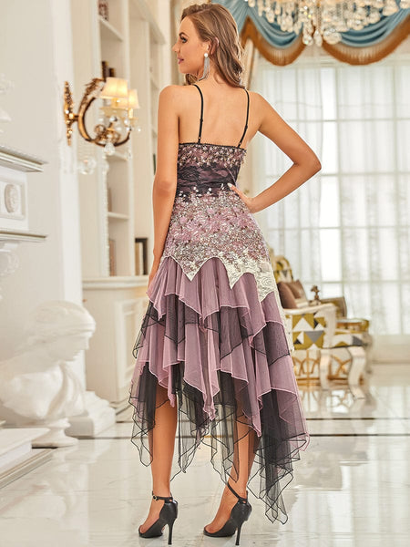 Women's Embroidered Lace Asymmetric Layered Evening Gown