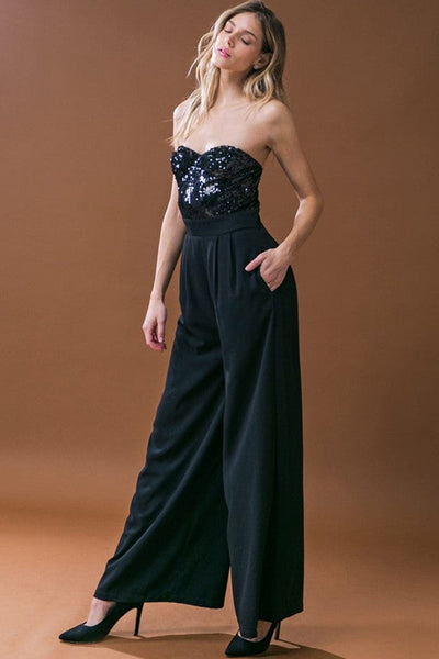 Sequin Embellished Black Tube Top Flared Jumpsuit