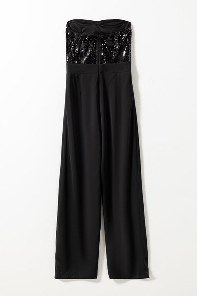 Sequin Embellished Black Tube Top Flared Jumpsuit
