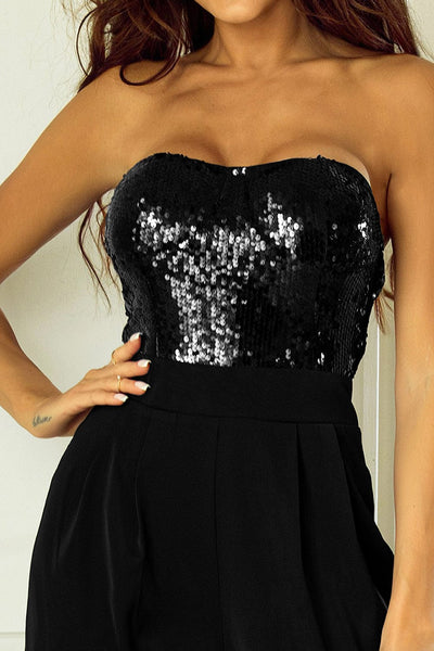 Sequin Embellished Black Tube Top Flared Jumpsuit