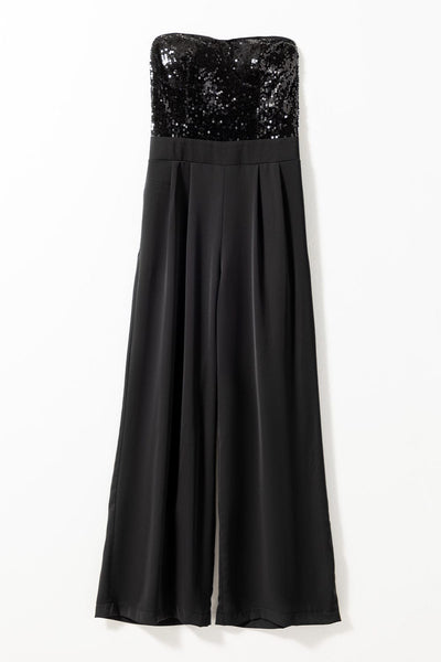 Sequin Embellished Black Tube Top Flared Jumpsuit