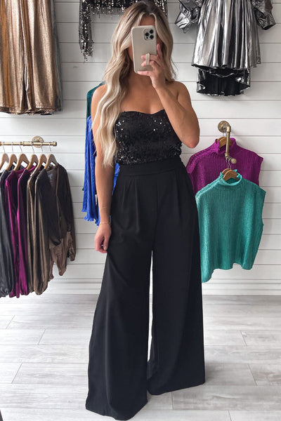 Sequin Embellished Black Tube Top Flared Jumpsuit