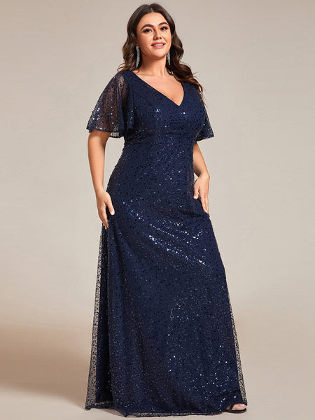Sequin Embellished Plus Size Sheer Sleeve Evening Gown