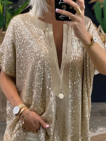 Sequin Embellished V-Neck Short Sleeve Fashion Blouse