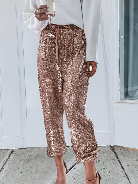 Sequined Drawstring High Waisted Leggings Slacks