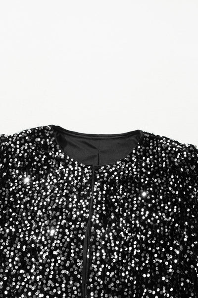 Women's Sequined Open-Front Cropped Jacket in Onyx Black