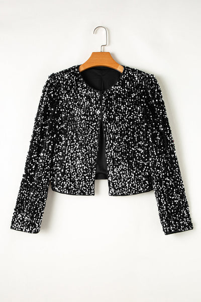 Women's Sequined Open-Front Cropped Jacket in Onyx Black