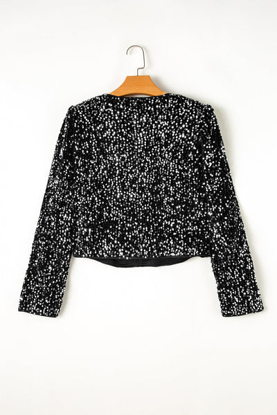 Women's Sequined Open-Front Cropped Jacket in Onyx Black