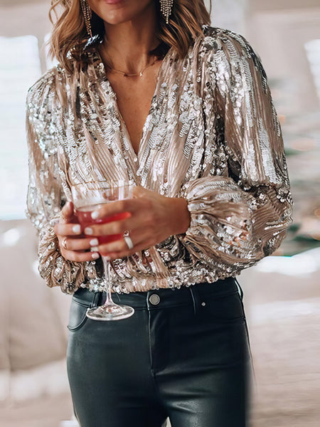 Women's Silver Sequin V-Neck Balloon Sleeve Festive Blouse