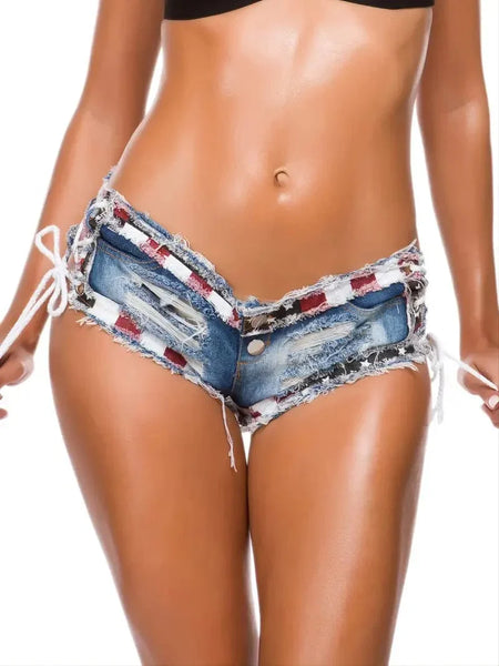 Lace-Up Denim Shorts, Distressed, American Flag