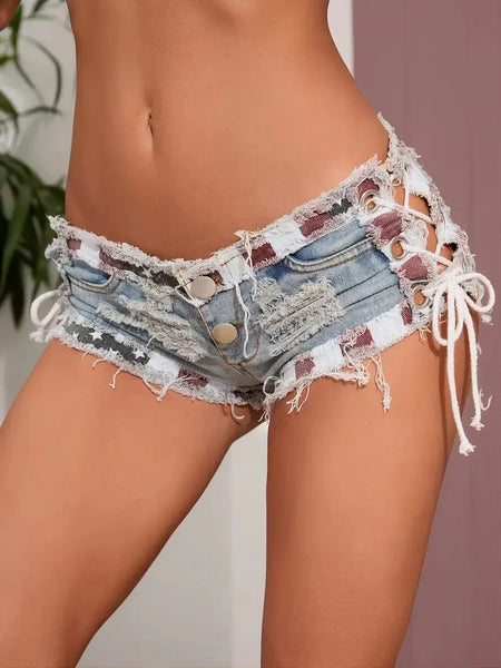 Lace-Up Denim Shorts, Distressed, American Flag