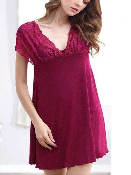 Sexy Loose Solid Color V Neck Lace Pajama