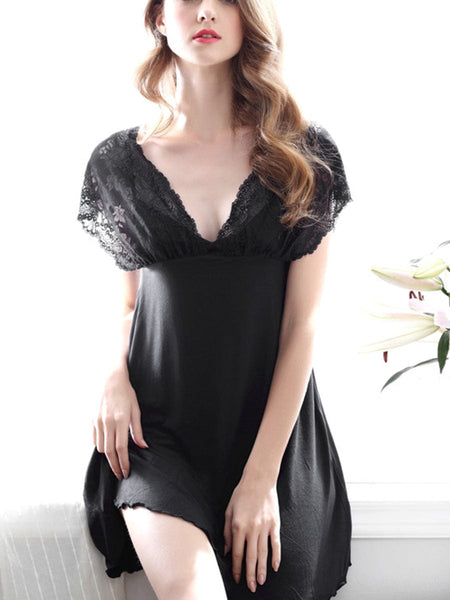 Sexy Loose Solid Color V Neck Lace Pajama