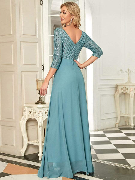 Sexy V Neck Sequin Evening Dresses with 3/4 Sleeve