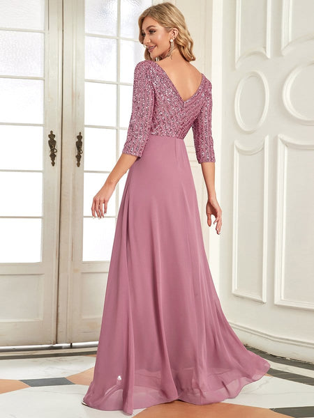 Sexy V Neck Sequin Evening Dresses with 3/4 Sleeve