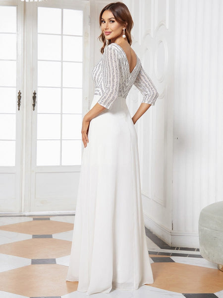 Sexy V Neck Sequin Evening Dresses with 3/4 Sleeve