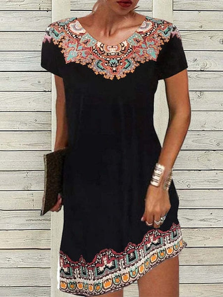 Women's Shift Mini Dress Women's Ethnic Short Sleeve Floral Print Summer Dress