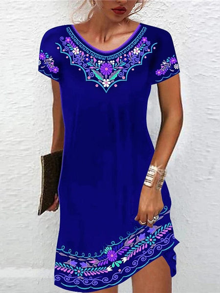 Women's Shift Mini Dress Women's Ethnic Short Sleeve Floral Print Summer Dress