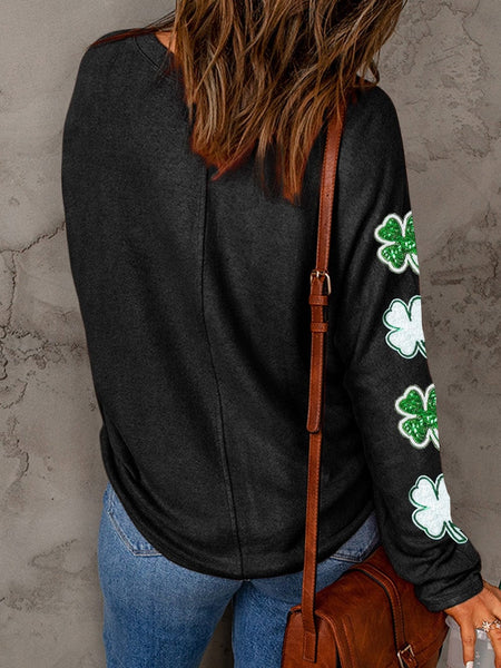 Shimmering Black Clover Sequin Long Sleeve Graphic Top