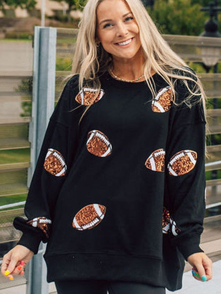 Shimmering Black Sequin Rugby Graphic Sweater