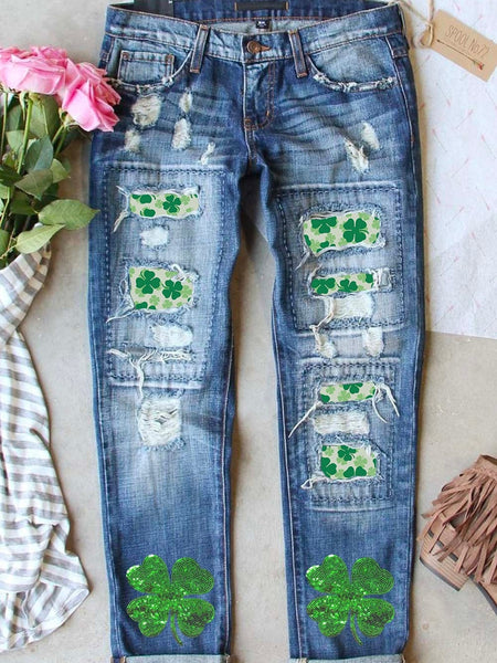 Women's St. Patrick's Day Sequin Clover Distressed Denim Jeans