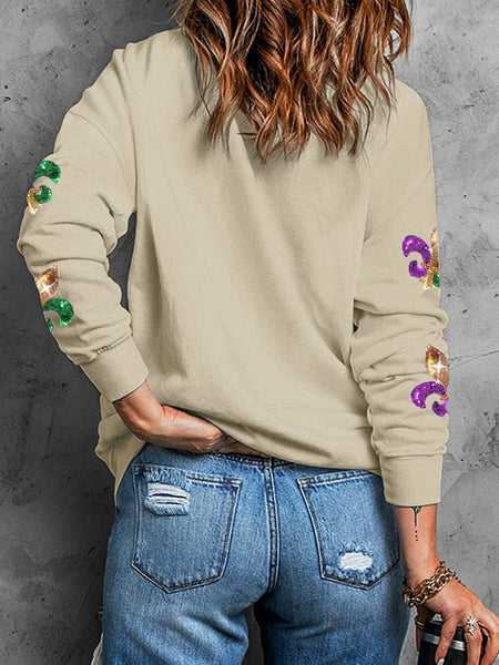 Women's Shimmering Khaki Mardi Gras Sequin Graphic Crewneck Sweater