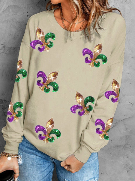 Women's Shimmering Khaki Mardi Gras Sequin Graphic Crewneck Sweater