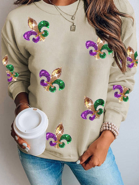 Women's Shimmering Khaki Mardi Gras Sequin Graphic Crewneck Sweater