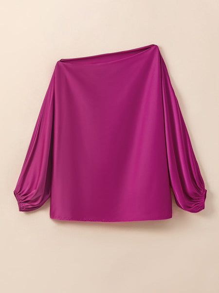 Shimmering Pink Satin Blouse with Unique Neckline and Balloon Sleeves