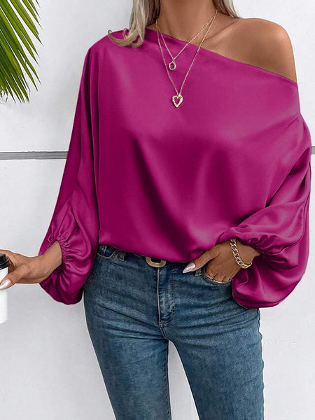 Shimmering Pink Satin Blouse with Unique Neckline and Balloon Sleeves
