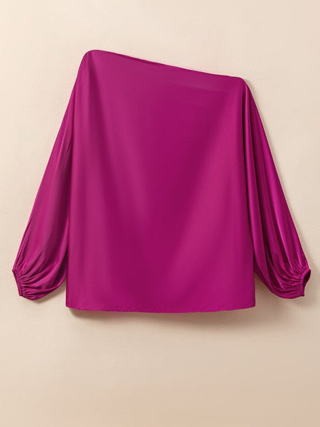 Shimmering Pink Satin Blouse with Unique Neckline and Balloon Sleeves